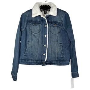 Joujou Denim Trucker Jacket Faux Fur Lining Collar Button Up Small NWT Dark Wash